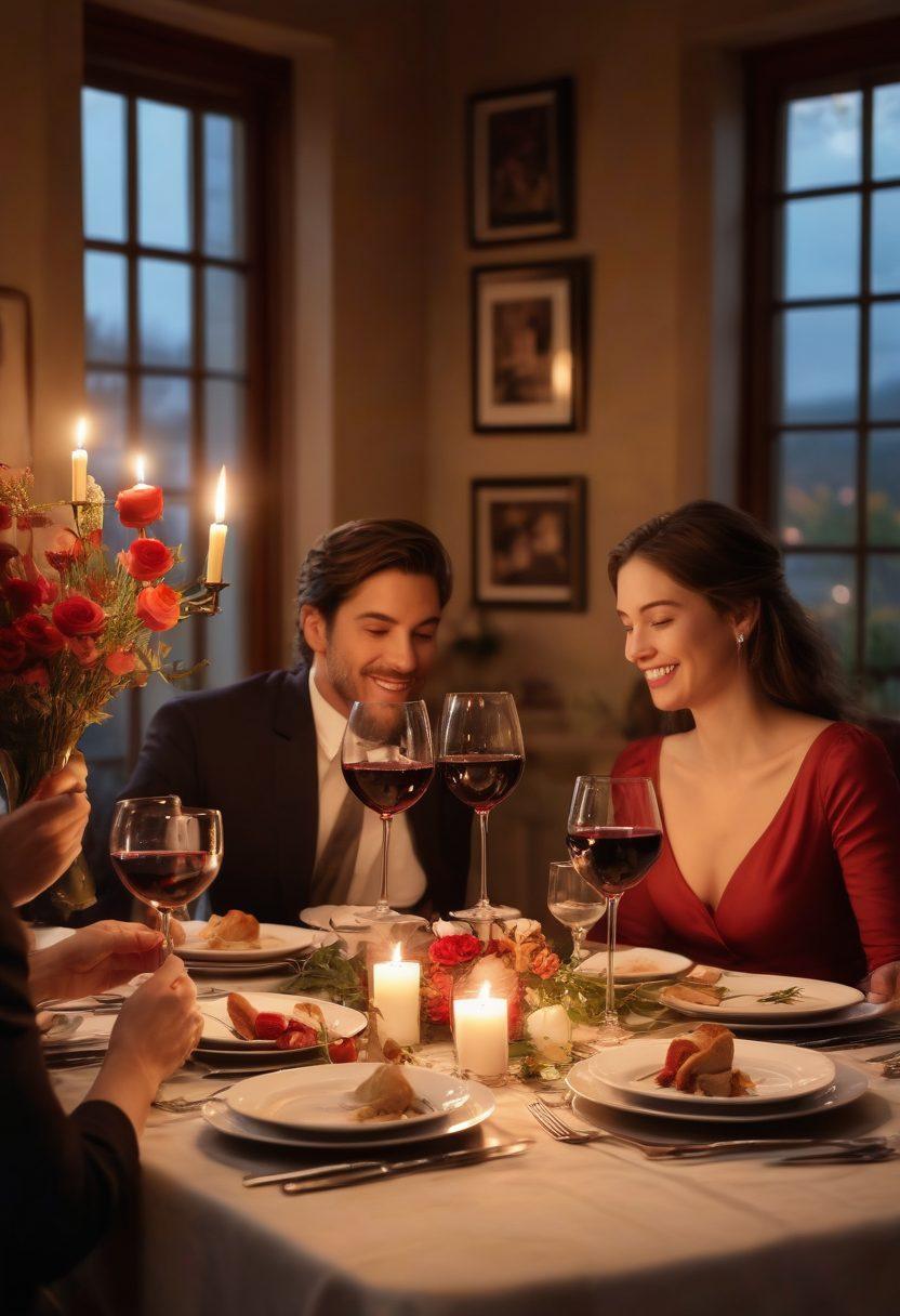 A beautifully set dining table under soft candlelight, featuring an array of romantic dishes, delicate floral arrangements, and wine glasses filled with red wine. In the background, a couple is laughing and toasting, surrounded by a dreamy, ethereal atmosphere. The scene captures the essence of love, warmth, and togetherness, emphasizing the journey from courtship to deep commitment. super-realistic. warm tones. romantic ambiance.