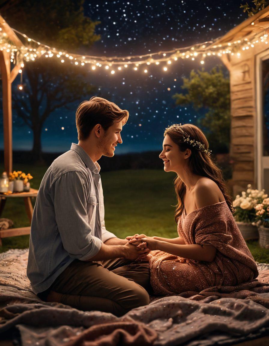 A cozy, intimate scene of a couple sharing a heartfelt moment under a starry night sky, surrounded by soft fairy lights, holding hands and gazing into each other's eyes. Their expressions convey love and deep connection, with a warm glow illuminating their faces. Include elements like a small picnic setup with a blanket and flowers in the background to emphasize romance. super-realistic. warm colors. soft focus.