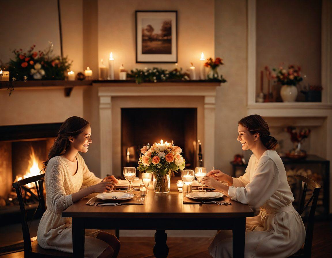 A cozy candlelit dinner table set for two, adorned with fresh flowers and delicate heart-shaped decorations. In the background, a warm fireplace glows softly, creating an intimate atmosphere. Two people are leaning in, sharing a laugh, with sparks of light symbolizing connection floating around them. The scene radiates warmth and romance. super-realistic. soft warm tones. romantic ambiance.